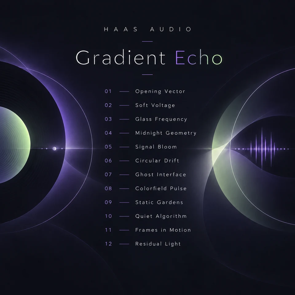 Gradient Echo: dunkle Klanggeometrie mit violetten Kreisbögen, salbeigrünen Lichtflächen und zwölf Tracktiteln.